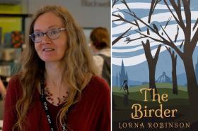 Side by side photos of Dr Lorna Robinson, who has long brown hair and glasses alongside the cover of a book called 'The Birder'