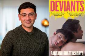 A photo of author Santanu Bhattacharya alongside the cover of his new novel, 'Deviants'
