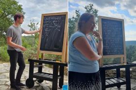 Side by side photos of two academics working out mathematical problems on a blackboard