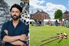 A headshot of Conrad Shawcross, with metal sculptures in the background, alongside a photo of the LMH garden party