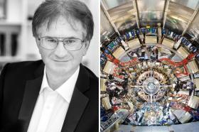 Black and white photo of Professor Todd Huffman, alongside a photo of the inside of the CERN large hadron collider