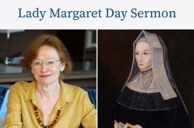 Side by side pictures of Canon Professor Carol Harrison and a portrait of Lady Margaret Beaufort