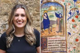 A smiling Kate McCaffrey, who has long blonde hair and is wearing a black t-shirt, alongside a colourful illuminated manuscript depicting the Virgin Mary