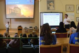 Side by side photos of a group of around 20 students sitting and listening to lectures during an LMH Taster Day