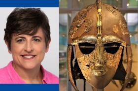 Helen Gittos, who has short dark hair and is wearing a bright pink shirt, alongside a close-up of a medieval helmet