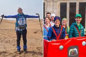 "Jackie Scully smiling with arms outstretched in a desert landscape during a trek, wearing NHS charity gear and hiking poles, alongside a group photo of her with teammates in costume preparing for a charity event dressed as a red London bus"