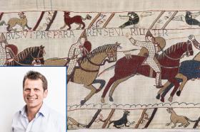 Composite image showing: (main) a scene from the Bayeux Tapestry depicting mounted Norman soldiers in battle; (inset) Dave Musgrove smiling, wearing an open-collared light shirt, against a white background.