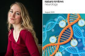 Portrait of Dr Eleanor Conole, LMH Junior Research Fellow in Applied AI, next to the August 2025 cover of Nature Reviews Neurology, which features an illustration of DNA strands decorated with pocket-watch style clocks, symbolising epigenetic clocks and ageing