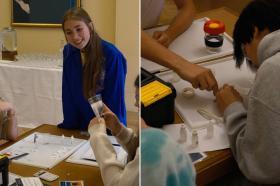 Side by side images of students taking part in a STEM taster day. The students are testing PH