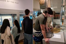 Side by side photos of groups of students looking at exhibits in Oxford's Ashmolean Museum