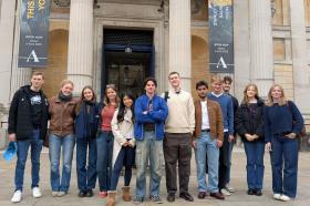 LMH students standing outside of Oxford's Ashmolean Museum