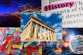 A montage of abstract images signifying different subjects offered for LMH Taster Days: Classics, History, Physics, Modern Languages and Maths and Computer Science