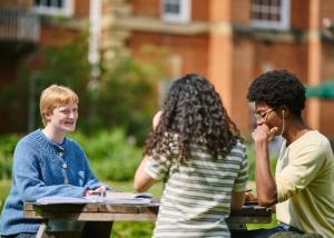 Three students sat studying on a table in the LMH gardens