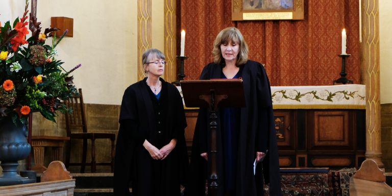 Professor Christine Gerrard and Dr Fiona Spensley in the LMH Chapel for the Principal's Inauguration