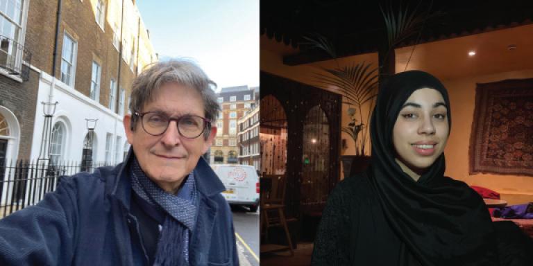 Two photos side by side. One of Alan Rusbridger in London and one of Aneela Shah
