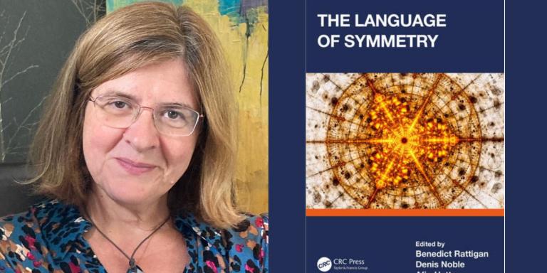 Split image showing a woman with chin length brown hair and glasses next to the cover of a book called 'The Language of Symmetry'