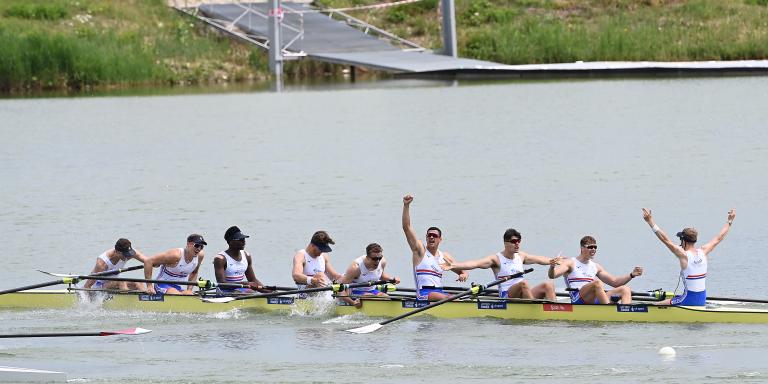 Felix Drinkall rowing in the men's eights at the U23 World Championships