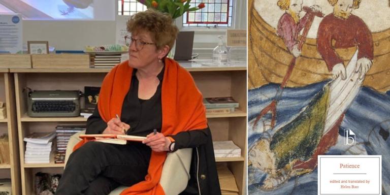 Photo of Helen Barr sitting in a study, alongside an image of the cover of her book 'Patience'