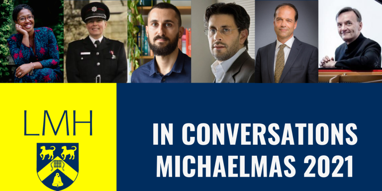 LMH In Conversation graphic featuring guest speakers from Michaelmas 2021