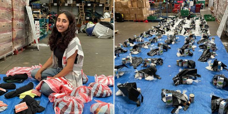 Photo of Sukhneel Jaspal in the Care4Calais warehouse preparing packages for refugees