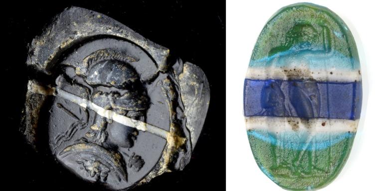 Side by side images of two items from a 'Rediscovered Gems' exhibition, which showcases gemstones with carvings of figures from classical history