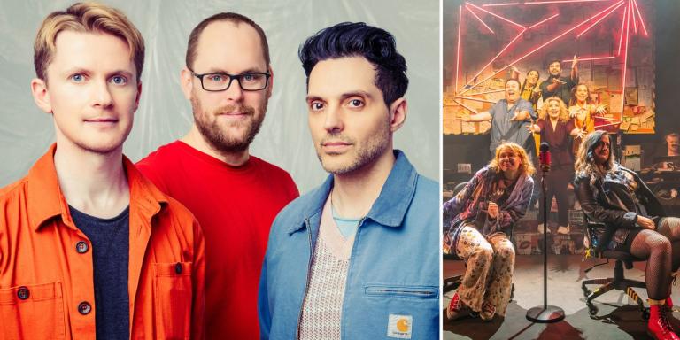 Photo of Matthew Floyd Jones, Jon Brittain and Fabian Aloise alongside a photo from musical theatre production 'Kathy and Stella Solve a Murder!'