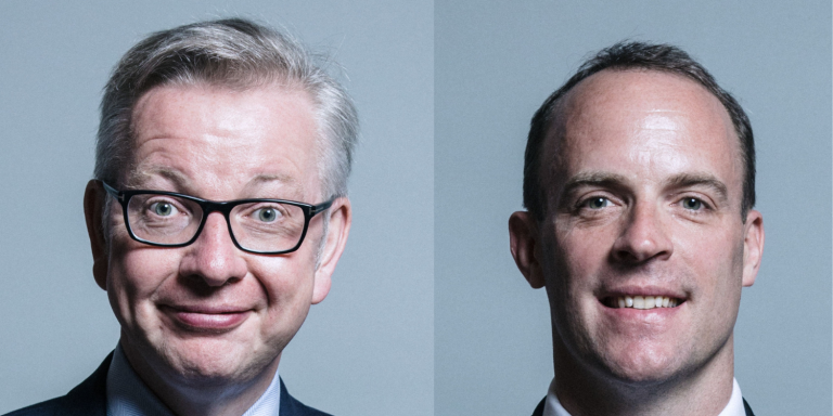 Head shots of Michael Gove and Dominic Raab, two men in suits, with blue ties, smiling at camera