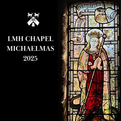 Black background with an image taken from a stained glass window depicting a crowned figure in a red robe holding a staff