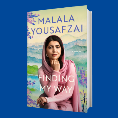 Cover of the book 'Finding My Way' by Malala Yousafzai, which features a picture of Malala in a pale pink outfit
