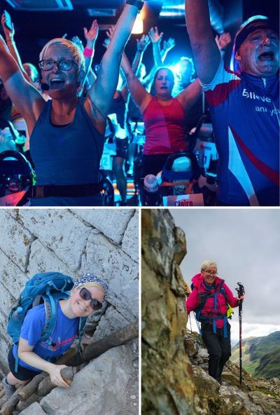 Jackie Scully in a montage of active moments: leading an energetic spin class with arms raised and headset on, climbing a rocky trail with a backpack and sunglasses, and hiking a mountain ridge in bright outdoor gear with trekking poles.