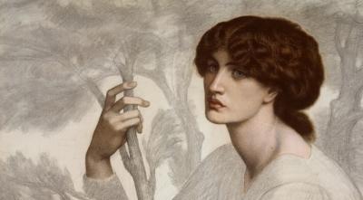 A cropped detail of a drawing of Jane Morris by Dante Gabriel Rossetti