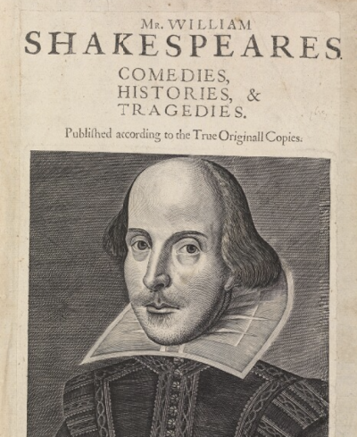 A cropped picture of the engraving on the 'first' page of Shakespeare's first folio, showing a portrait of Shakespeare and the title of the collection of plays (1623)