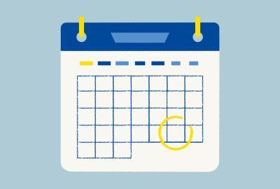 A graphic of a blank calendar, with one date circled in yellow