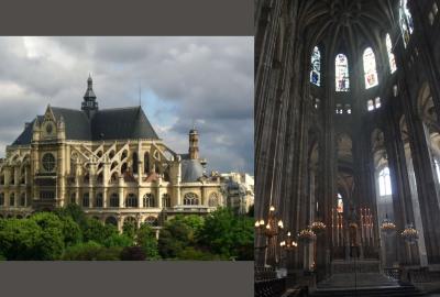 Views of Saint-Eustache in Paris, showing the grand Gothic exterior with its detailed stone façade, and the interior with soaring arches, columns, and stained glass windows.