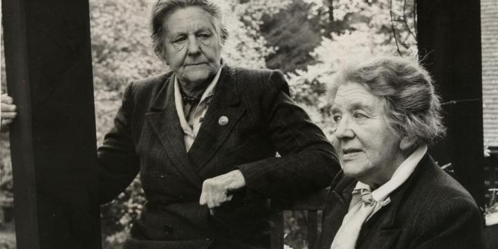 Black and white photo of two elderly women